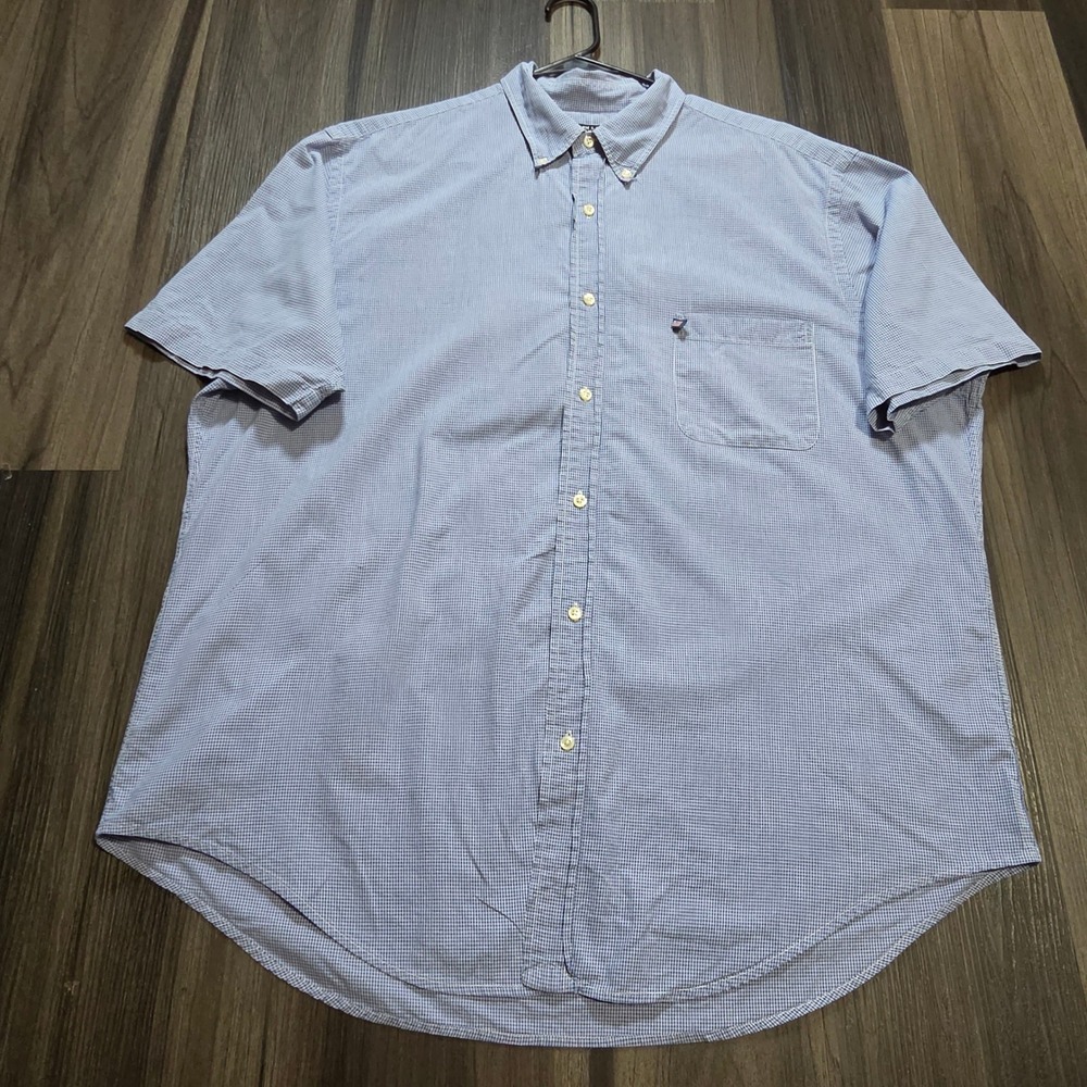 Vintage Ralph Lauren Jeans Co Short Sleeve Shirt XL Blue Gingham Check Flag Logo